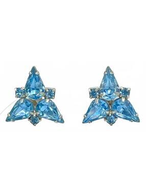 Signed Weiss Blue Rhinestone Earrings Vintage Star Cluster Screw Back Silver